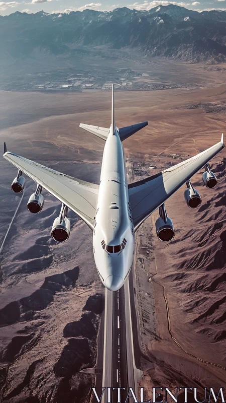 Passenger jet ascends above desert runway toward distant peaks