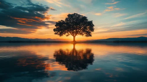 Solitary lakeside tree glowing in a soft golden sunset.