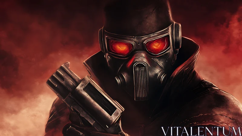 Armored soldier grips shotgun under burning red smoke sky