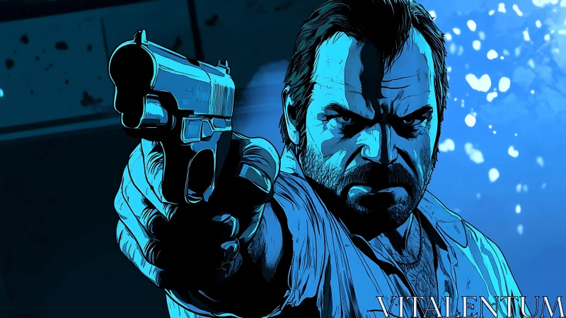 Hardened man aiming pistol in stylized blue comic scene.