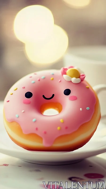 Cheerful pink frosted donut smiles on a cozy dessert plate