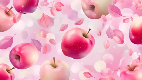Pink apples drifting among pastel leaves in soft bloom.