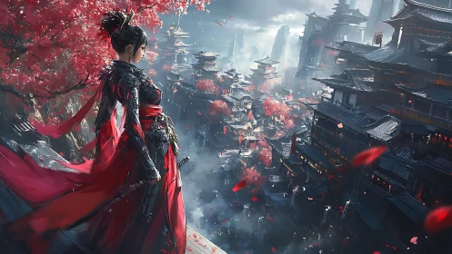 Armored warrior surveys sprawling fantasy samurai cityscape