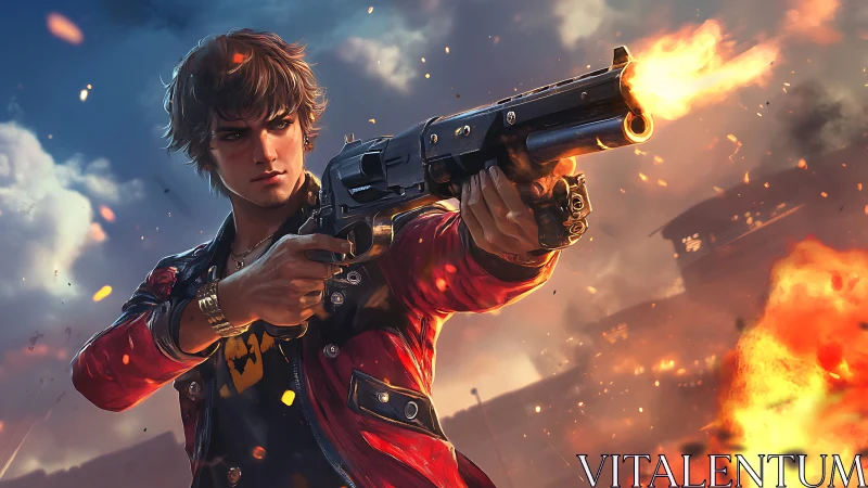 Armed young man in red jacket firing shotgun in flames.