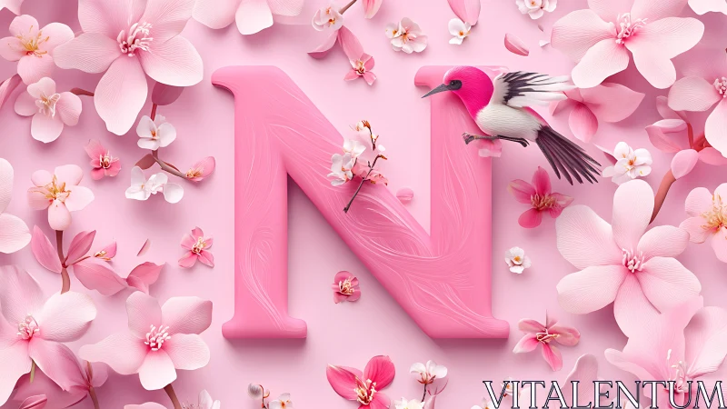 Letter N in pink floral composition with hummingbird motif.