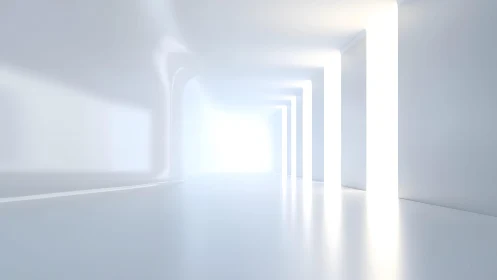 Minimalist white corridor with glowing doorways in modern style.