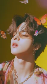 Butterfly-kissed daydreamer bathed in molten sunflower light.