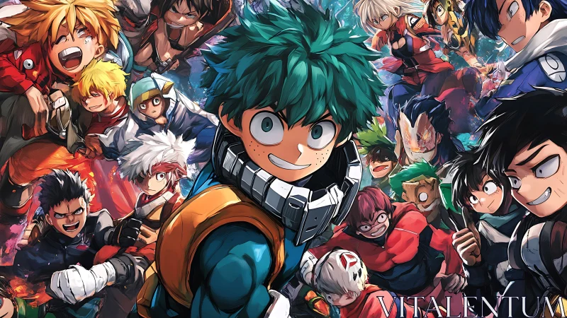 Dynamic anime hero ensemble in high-energy battle layout