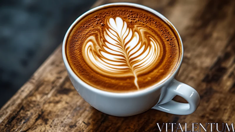 White ceramic cup holds latte with precise rosette art