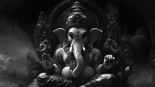 Divine Ganesha idol in dramatic monochrome lighting.