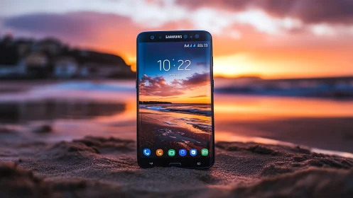 Samsung Galaxy Smartphone Displaying Sunset Seascape Wallpaper on Beach Sand
