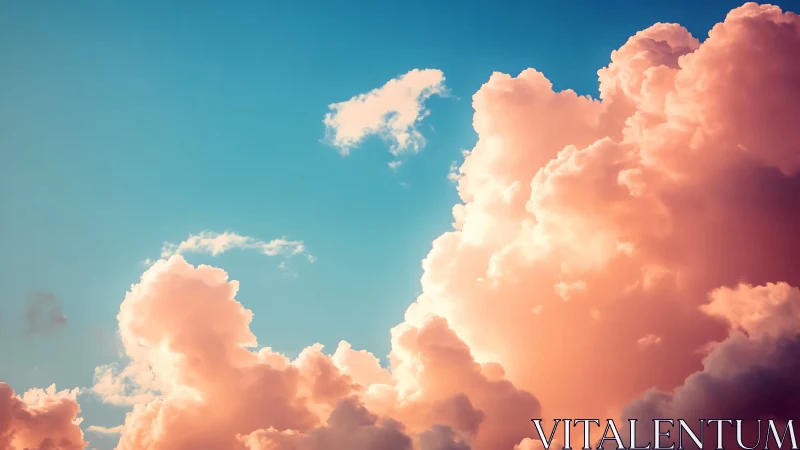 Dramatic pink clouds against blue sky in vibrant digital style.