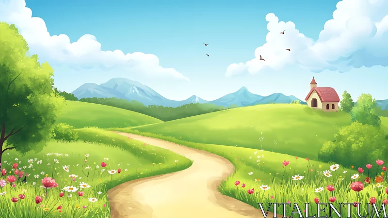 Sunlit meadow path winding toward a storybook hilltop chapel.