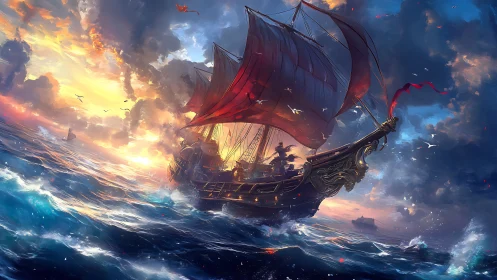 Dramatic pirate ship charges through storm lit by flaming sunset
