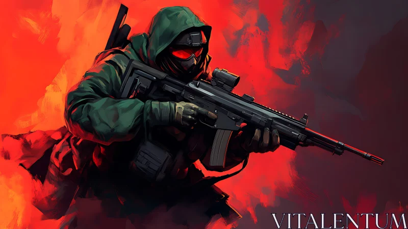 Hooded tactical soldier grips rifle against vivid red smoke