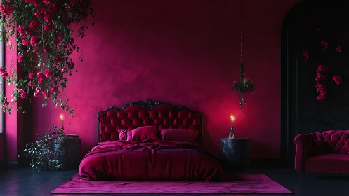 Velvet crimson bedroom glows with candlelit floral drama.