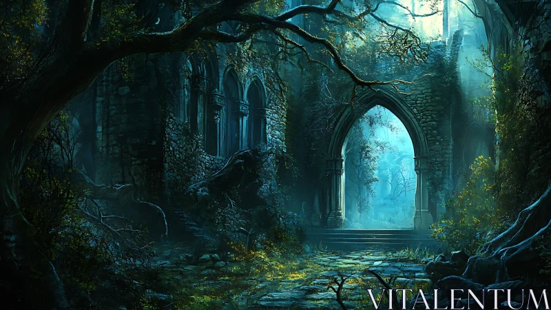 Moonlit ruin gateway where the forest rewrites stone lore.