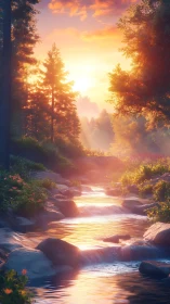 Sunlit forest stream with trees and rocks at low horizon.