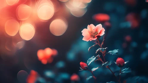 Shallow depth of field isolates coral flower against circular bokeh field