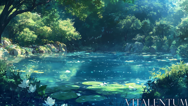 Sunlit forest pond glows with clear water and lilies