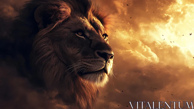 Radiant leonine profile emerging from volumetric storm clouds.