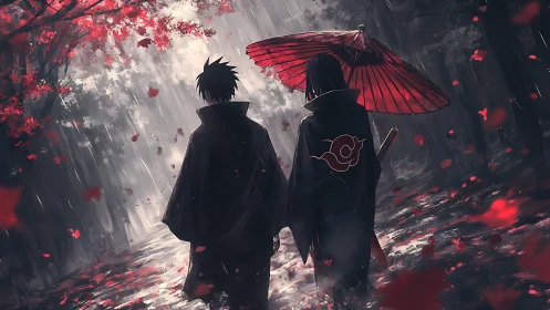 Two cloaked wanderers sharing a quiet walk in the rain.