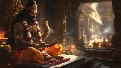 Meditating guru in ornate Indian temple interior scene.