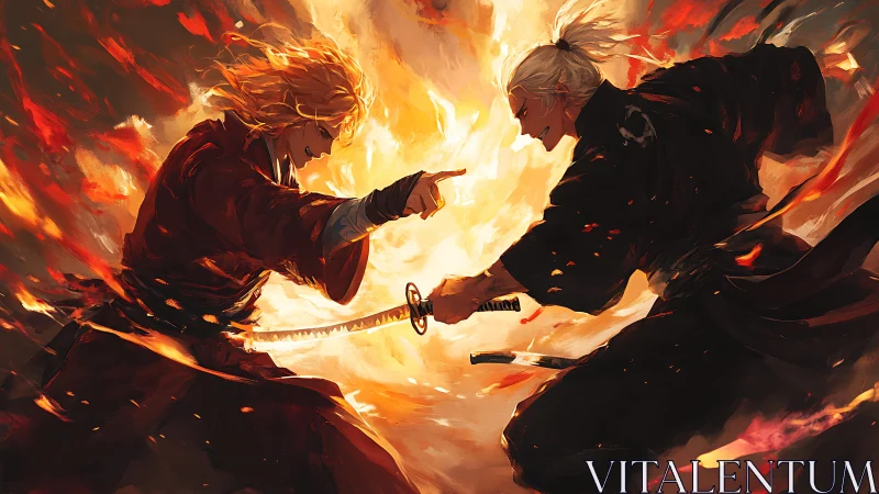 Bilateral katana duel amid radial fire vortex dynamics.