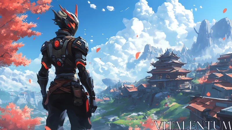 Cyber samurai overlooking sunlit mountain temple city.