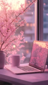 Blush-tinted workspace cradled in soft cherry blossom glow.