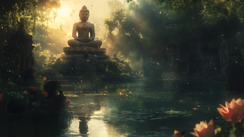 Buddha statue overlooks misty lotus pond at sunrise.