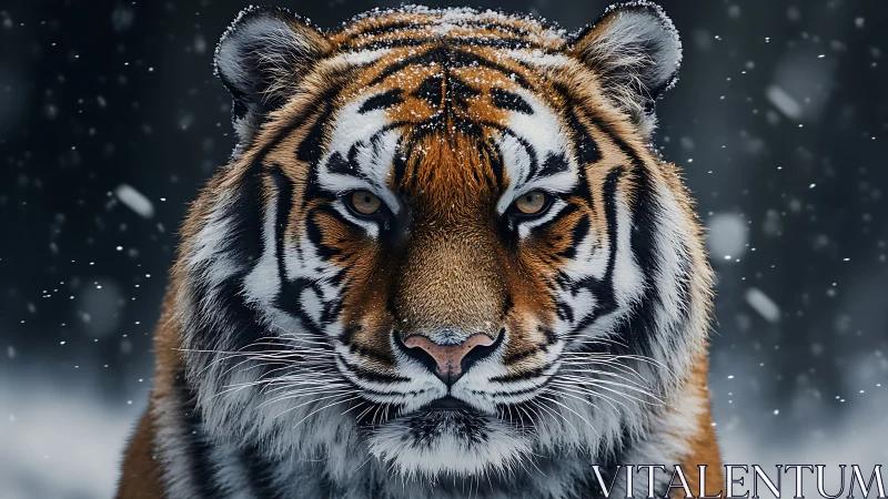 Front-facing Siberian tiger portrait in falling winter snow