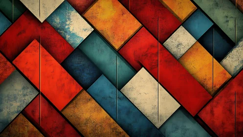 Geometric color blocks form textured abstract diagonal grid.