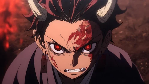 Demon-eyed warrior surges forward in burning crimson fury.