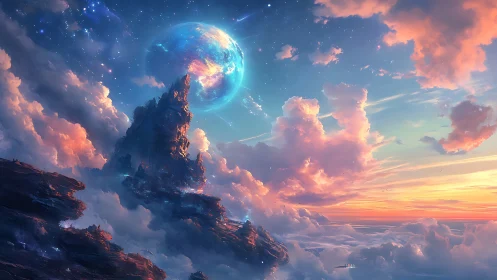 Celestial mountain rises above clouds under glowing alien sky