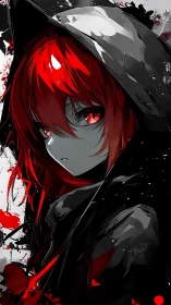 Red-haired hooded figure rendered in high-contrast palette