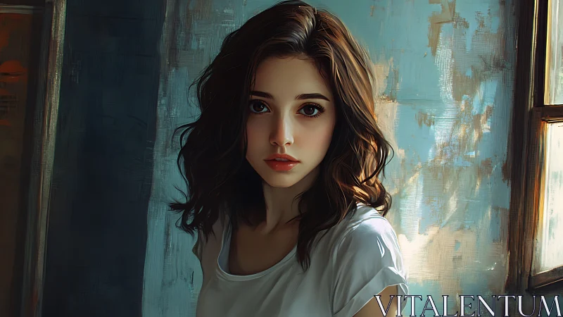 Softly lit portrait of a thoughtful young woman by window.