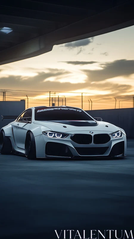 Low stance BMW coupe under overpass at evening light.