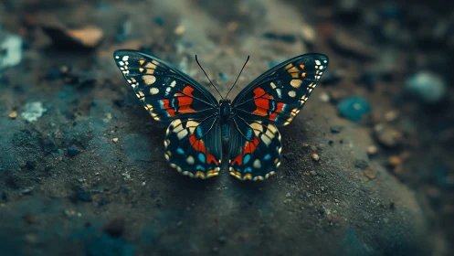 Graceful multicolored butterfly rests softly on earthy ground