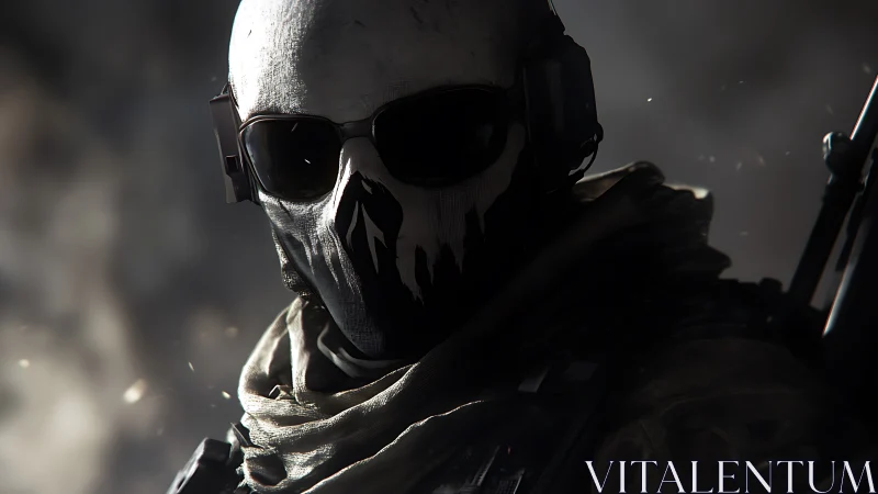 Tactical operator in skull balaclava with headset and carbine