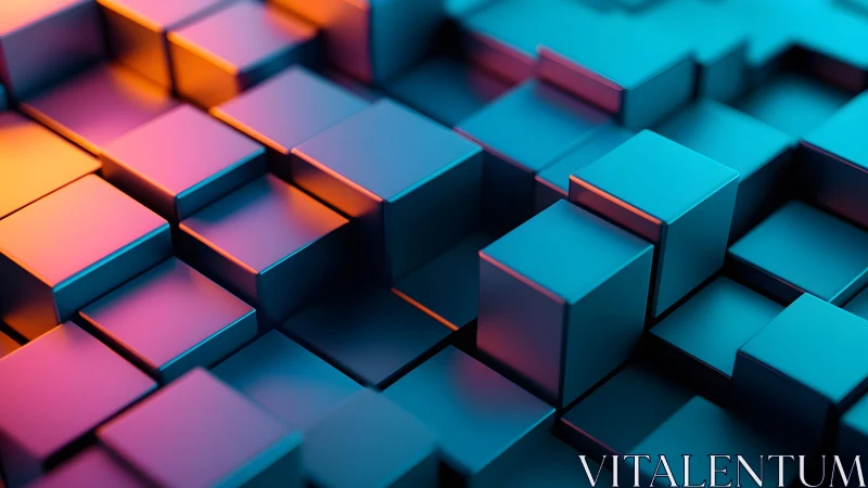 Abstract 3D Cubes Pattern in Vibrant Neon Blue and Orange Lighting.