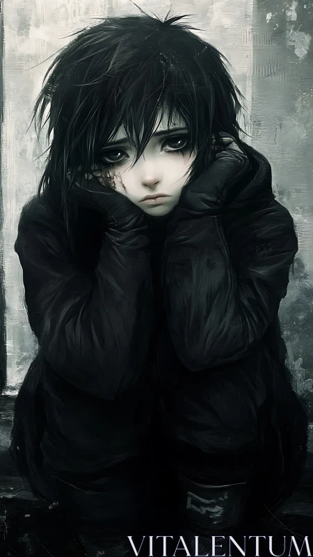 Solitary youth in dark coat gazes out with haunted eyes.