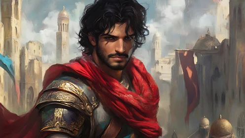 Scarlet-clad desert prince surveying his sunlit citadel.