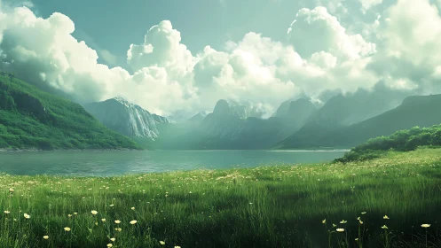 Emerald valley lake beneath towering mist-wrapped mountains.