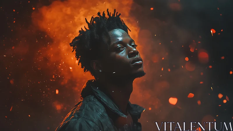 Ember-lit gaze carves quiet defiance through drifting sparks