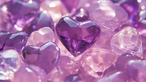 Glowing Purple Crystal Hearts Sparkle with Love.