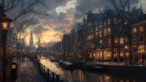 Evening canal street scene shows illuminated riverside buildings