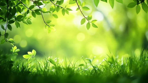 Sunlit Green Grass and Leaves in Soft Focus Nature Scene.