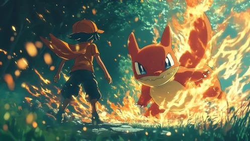 Trainer with Fire-type Pokemon in explosive combat scenario.