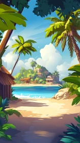Tropical Beachscape with Architectural Structures and Verdant Foliage.